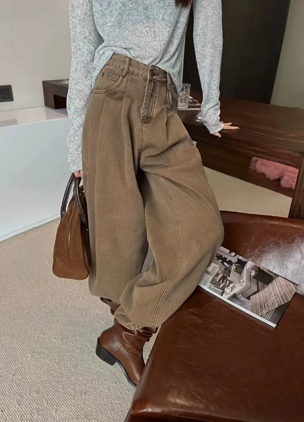 

ZHISILAO Baggy Wide Leg Jeans Women Vintage Khaki High Waist Full Length Denim Pants Autumn 2024