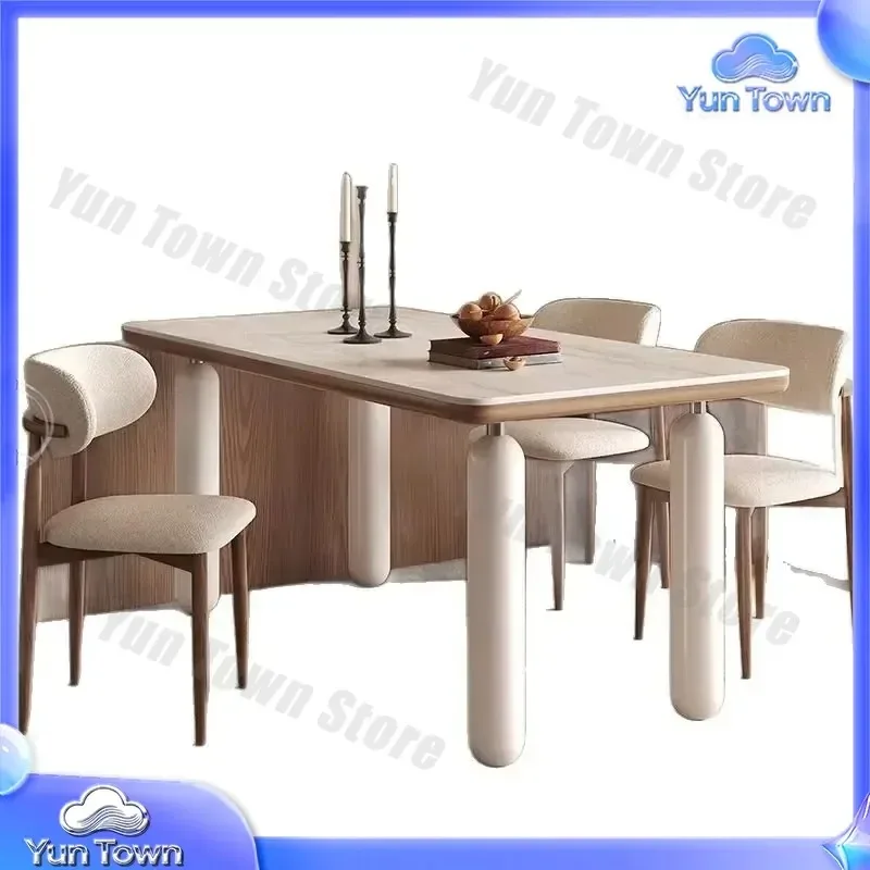 Nordic Rock Slab Dining Table and Chairs Set for Modern Small Apartment Living Room – Cream Rectangular Solid Wood Dining