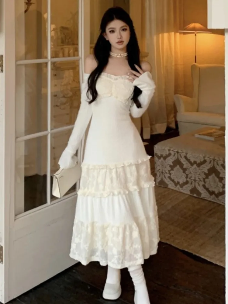 2024 Autumn Elegant Knitting Dresses for Women Lace Patchwork Koeran Princess Midi Vestidos Female Birthday Party Fairy Dress