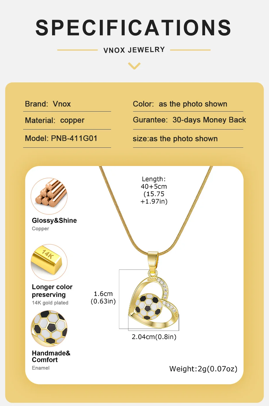 Vnox Vergoldete Herz-Fußball-Anhänger-Halskette für Frauen, Trendiger Bunter Emaille-Sportanhänger, Geschenke für Fußballfans, Schmuck – Detail 4