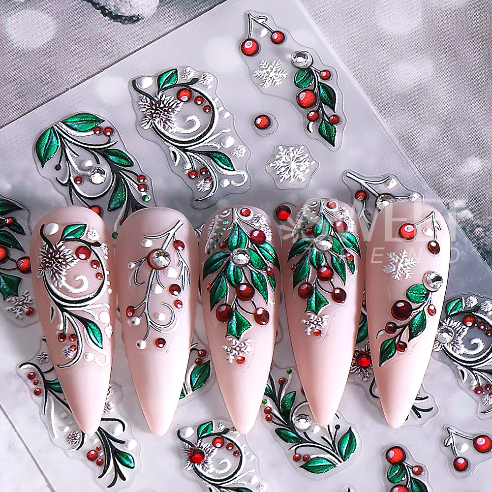 5D en relieve Navidad bola de nieve pegatinas para decoración de uñas autoadhesivas copo de nieve estrella calcomanías para uñas manicura DIY decoración suministros para uñas