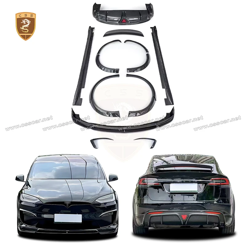 

For Tesla Model X 2021 - 2024 Upgrade CM Style Carbon Fiber Front Bumper Lip with Wind Knife Rear Spolier Wing Wheel Fender