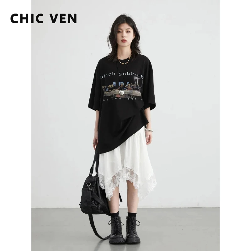 

CHIC VEN Новая корейская женская юбка, однотонная белая, с эластичной высокой талией, асимметричным дизайном, кружевная, А-силуэт, для девушек, весна-лето 2026