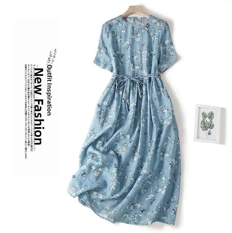 Ele Floral Print Linen Dr A-Line Skirt Waist-Cinching Vintage Sle Women's Summer Faion Casual round Ne Long Sve