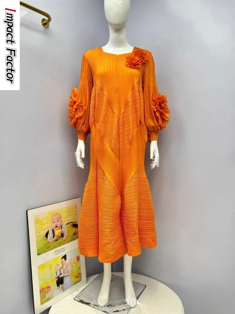 

Miyake Maxi Pleated Dress Round Neck Spliced Fungus Full Sleeve Dresses for Women 2025 New Autumn Clothing