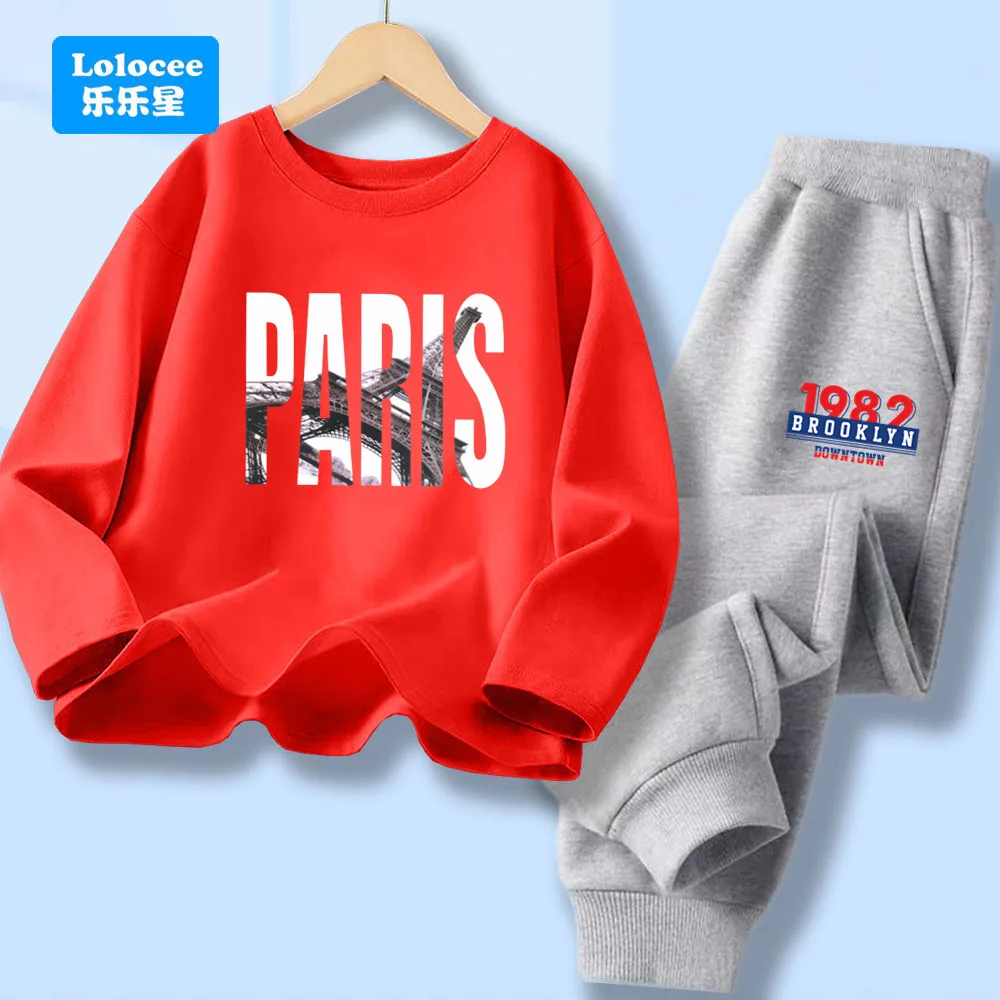 Boys' Paris Effiel Tower Print Cartoon Clothes Set Kid Children Long Sleeve Tee Top and Pants 2pcs Suit for Children BLTBZ1