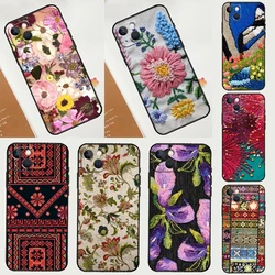 Embroidery Flowers Phone Case For iPhone 11 12 13 14 15 16 Pro Max Mini XS Max X XR Plus Cover Coque