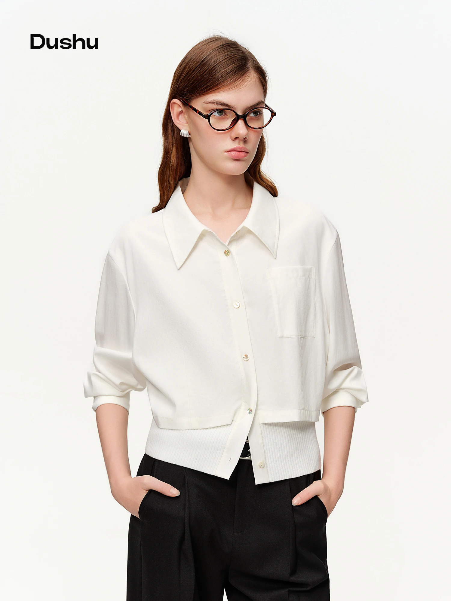 DUSHU 2026 Frühling Damen Geripptes Dreifarbiges Langarmhemd - Elegante Bluse für den Arbeitsweg Vielseitiges Styling fürs Büro