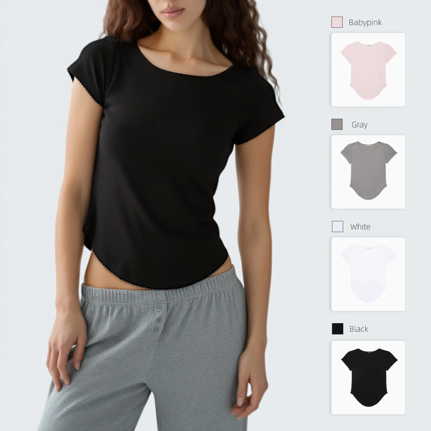 COUCOU Pink and Gray Kiko Style Solid-Color Boat-neck Short-Sleeve T-Shirt with Curved Hem and Dog-Tooth Lace Edging