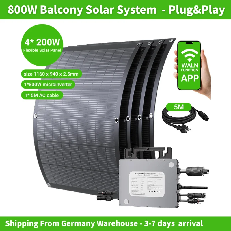 800W Mikro-Wechselrichter und 4 Stück 200W Flexible Solarmodule Hocheffizientes Balkon-Solarsystem Plug & Play Design