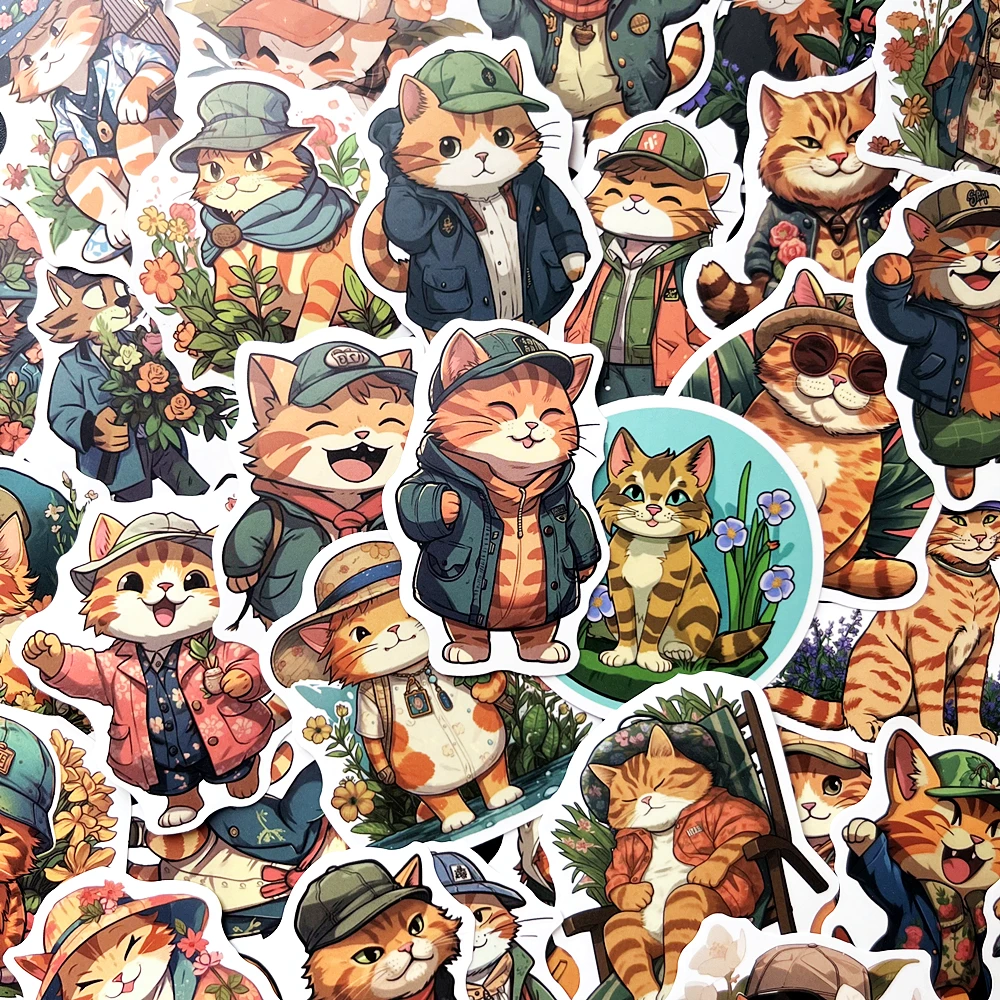 10/50pcs Cute Flower Orange Cat Stickers Cartoon Animals Decals For Suitcase Laptop Phone Guitar Car Notebook Kids Funny Toy