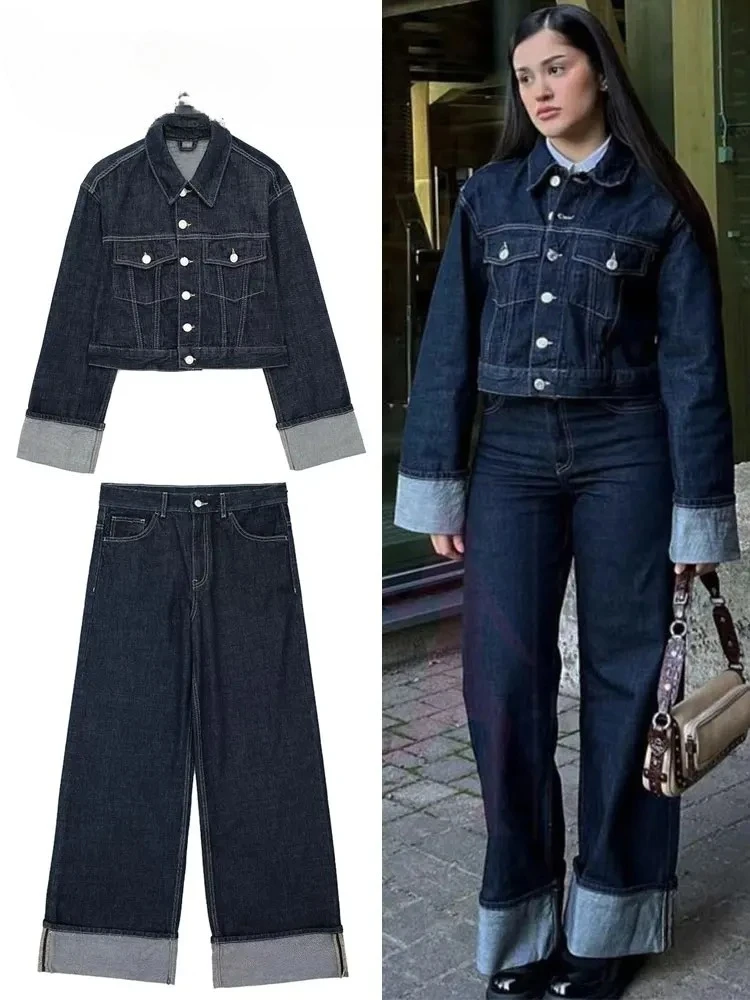 

Women Vintage Denim Jacket Pant Sets Single Breasted Lapel Long Sleeve Coat Wide Leg Trousers Jeans High Street Outfits