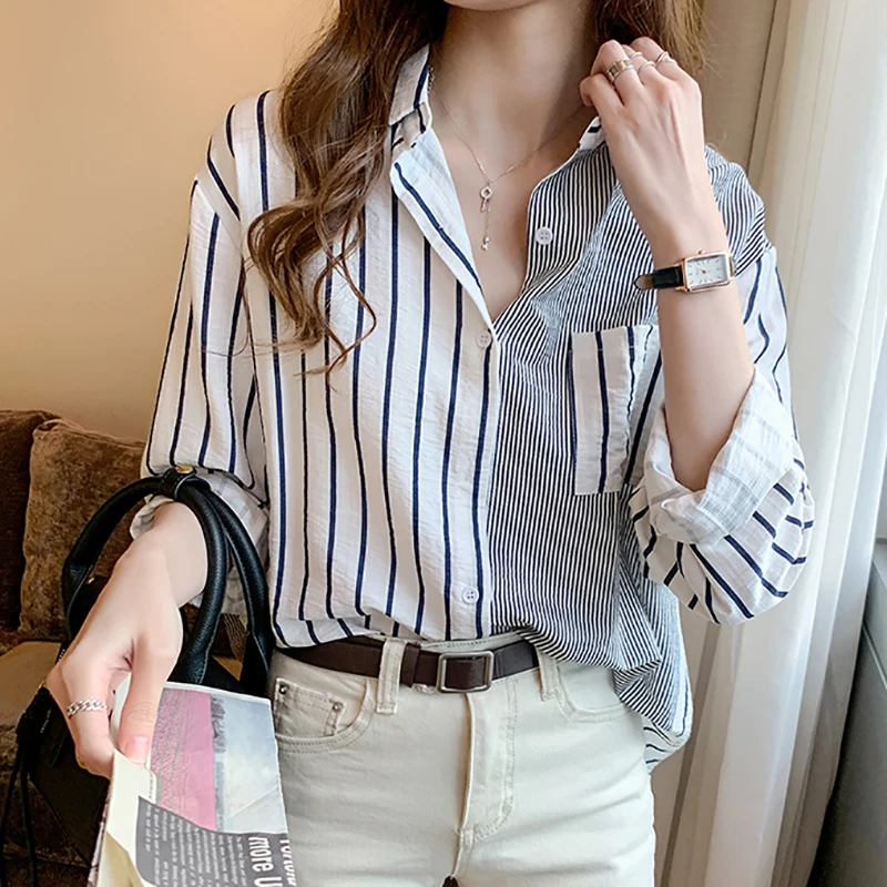 Shintimes-Camisa de manga larga para mujer, blusa informal a rayas con bolsillos, de algodón, con botones, 2022