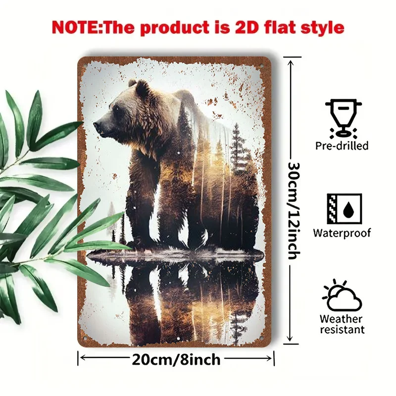 2D Flat - 1pc 2D [Flat] Metal Sign 'Bear in The Forest' 8X12In/20X30Cm Features a Majestic Brown Bear Standing by a Tranquil Lak