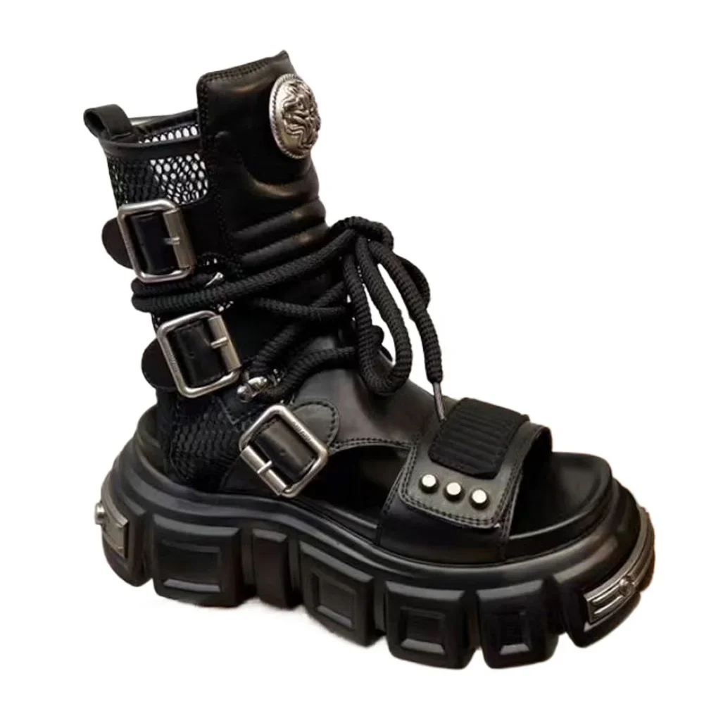 Fashion Genuine Leather Motorcycle Boots Rock Punk Tank Sole Buckle Strap Sandal Boots Metal Hook&Loop Casual Platform Shoes