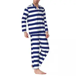 Retro Nautical Sleepwear Autumn Navy Blue and White Stripe Vintage Oversized Pajama Sets Long Sleeve Fashion Bedroom Nightwear