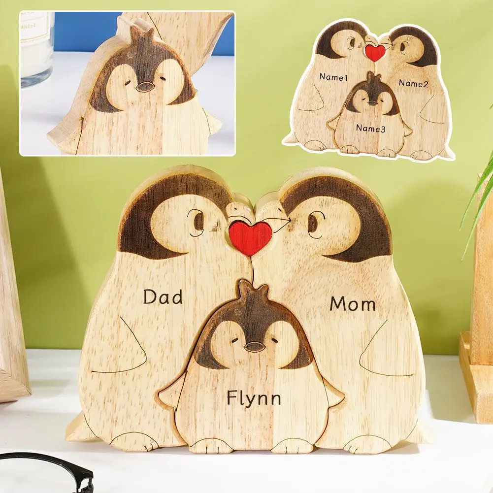 

DIY Engraving Personalized Custom Penguin Family Wooden Puzzle Christmas Birthday Gift Family Name Sculpture 3 Names Desk Decor