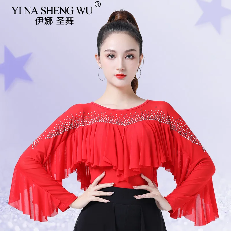 

Топ с длинными рукавами и рюшами для бальных танцев, женский топ для латинских танцев самбы, топ со стразами и шипами, топ для тренировок по современному танцам