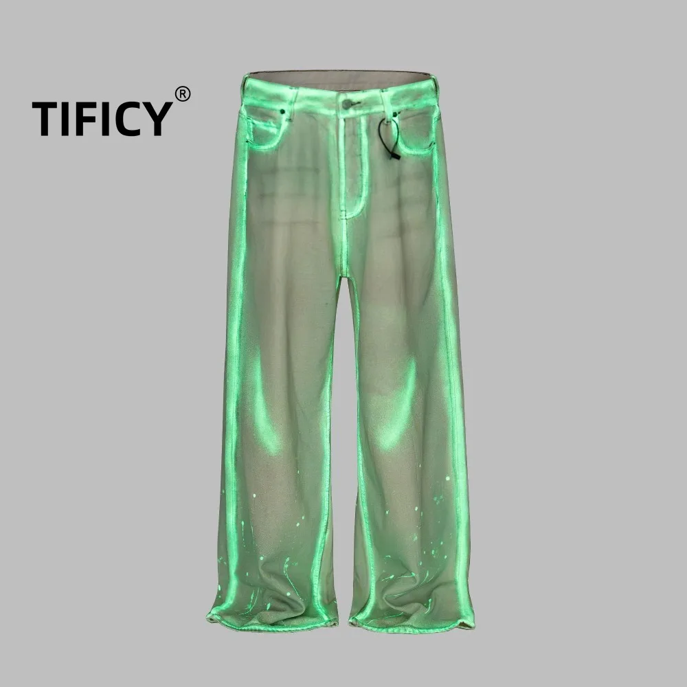 High Street Jeans Pants Women's Mint Green Fluorescent Coating Mud Stained Used Dirty Washed Loose Wide Leg Denim Pant