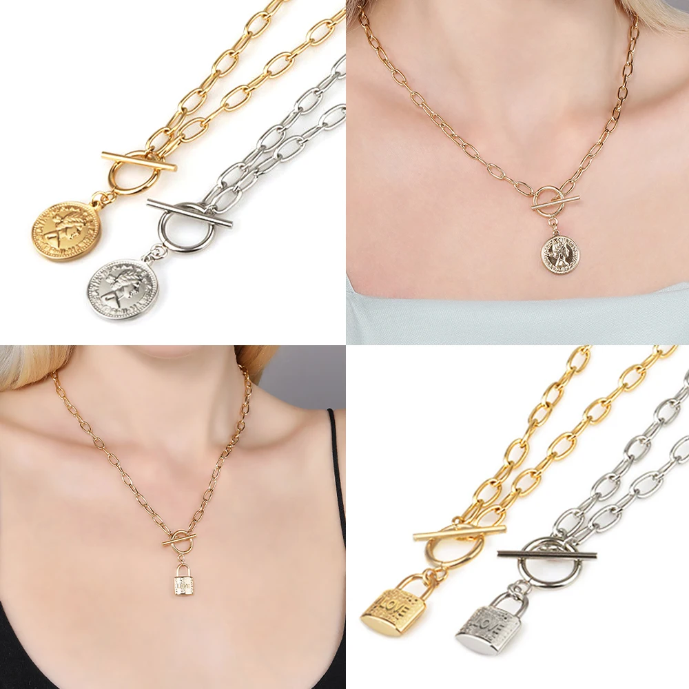 316L Stainless Steel Necklace For Women Heart Pendant Necklaces Coin Eye Charm Chain Choker Necklace Jewelry Gifts Wholesale