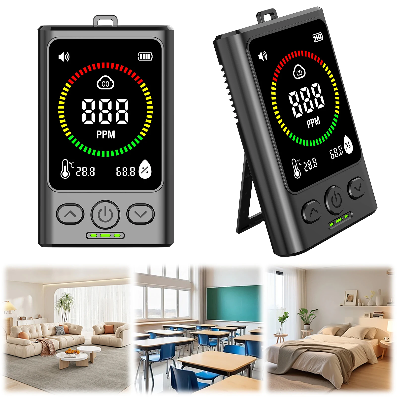 

3-in-1 CO Detector Rechargeable Temp Humidity Monitor with LCD Display CO Alarm Detector for Home Hotel RV