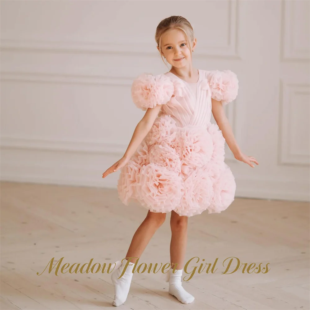 Meadow Full 3D Flowers On Skirt Children Birthday Wedding Dresses Round Neck Blush Pink A Line Princess Girls Dress Customized