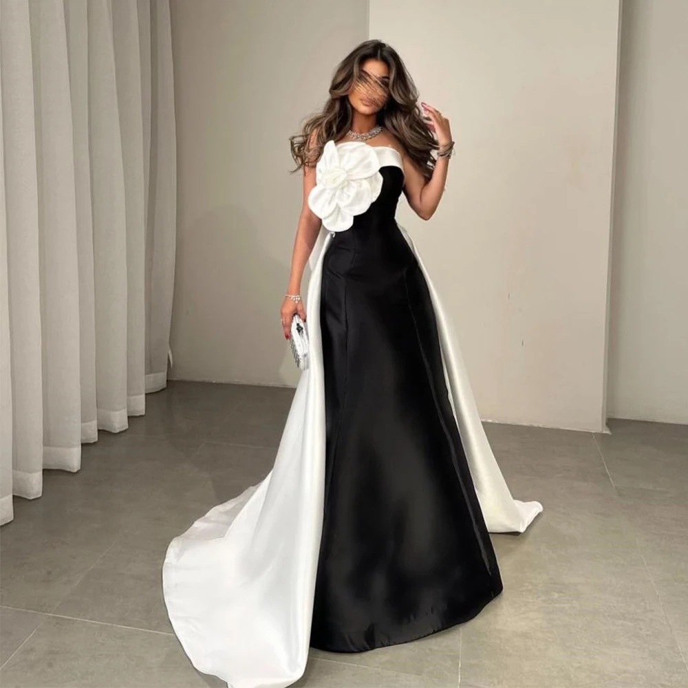 

Dream Satin Evening Dress Strapless Sleeveless Black and White with 3D Flower A-Line Floor Length Women فساتين للمناسبات الخاصة