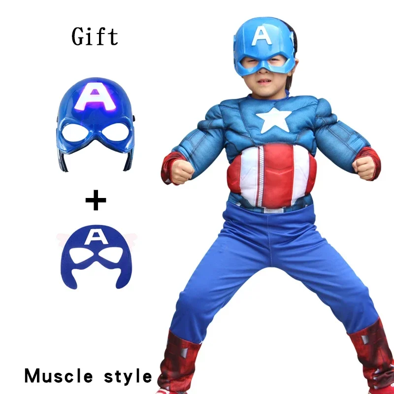 Film Superhero Muscle Kids Captain America Costume Boy Girl Cosplay con maschera di illuminazione regalo per la festa di compleanno