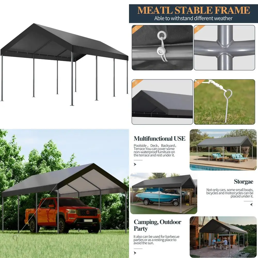 

10x20ft heavy duty carport with uv resistant canopy, powder-coated steel frame, easy to assemble portable garage, stable carpor