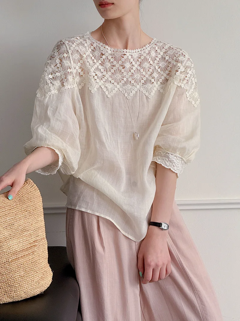 2026 Women Summer 100% Linen Blouses Half Sleeve Thin Fashion Womens Tops And Blouses Fashion Shirts Blusas Roupa Feminina view 3