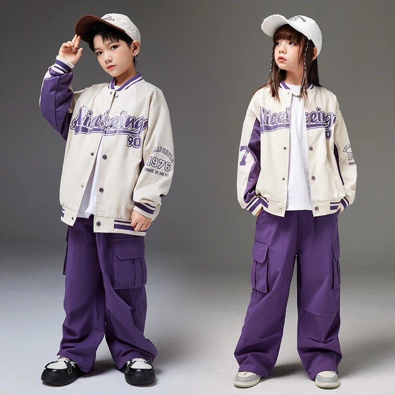 Kids Hip Hop Clothing Purple Baseball Cardigan Shirt Streetwear Casual Baggy Cargo Pants for Girl Boy Jazz Dance Costume Clothes