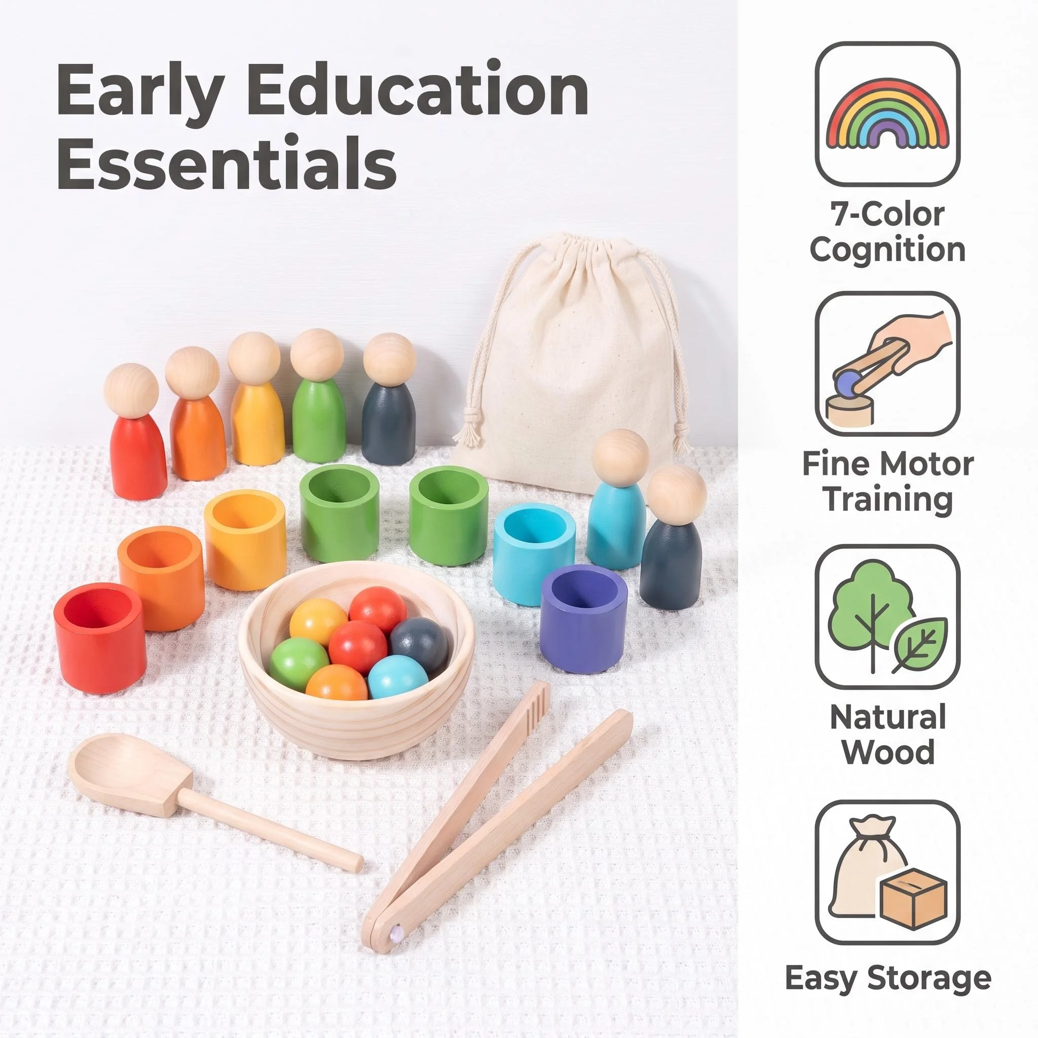 Wooden Montessori Rainbow Ball Cup Sorting Toy Color Matching Fine Motor Skills Educational Toys for Toddlers Baby Preschool Lea