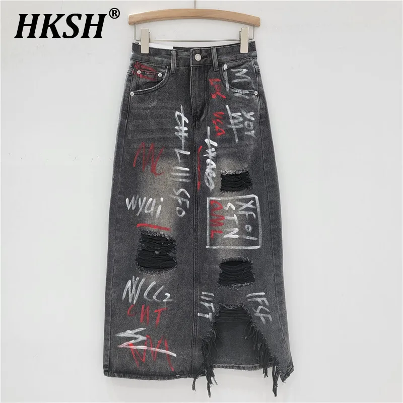 

HKSH Spring Summer Women's Y2K Dark Techwear Punk Personalized Graffiti Letter Pattern Irregular Hole A-line Denim Skirt HK5334