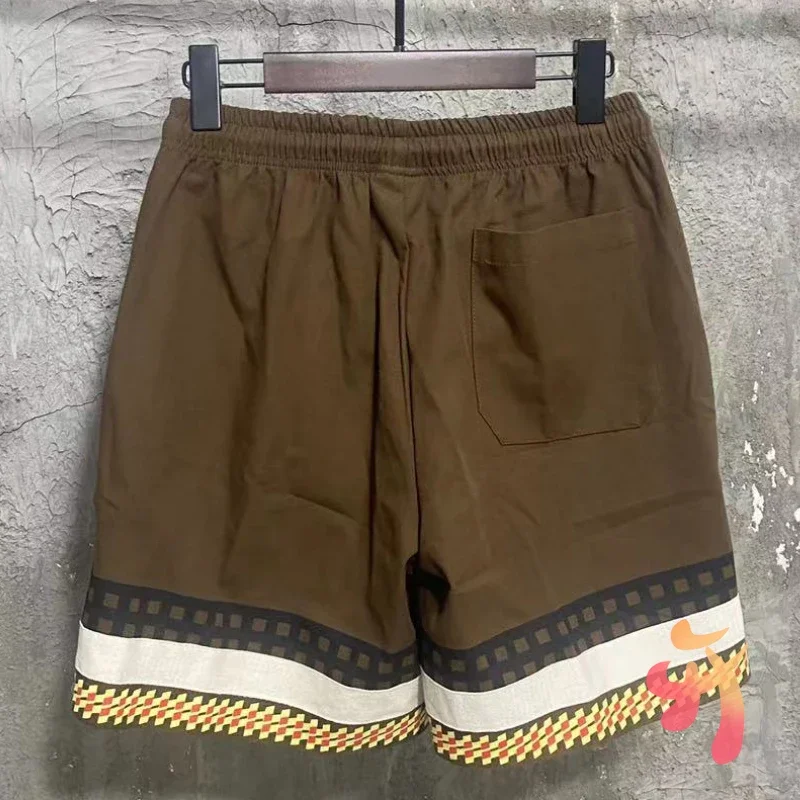 Men Women Cactus Jack Shorts Brown Sun Embroidered Checkered Cropped Short Pants High Street Casual Loose Drawstring Shorts