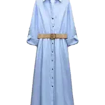 2024年夏新作 レディース イエロー リネン ベルト付き ロング丈 ゆったり ウエストAラインスカート シングルボタン留め インス スタイル