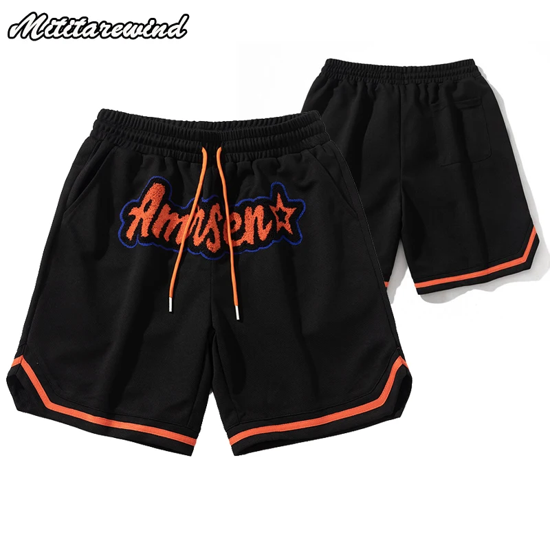 Hip Hop Streetwear Basketball Sports Shorts for Men Summer Casual Elastic Waist Drawstring Embroidery Knee Length Gym Shorts