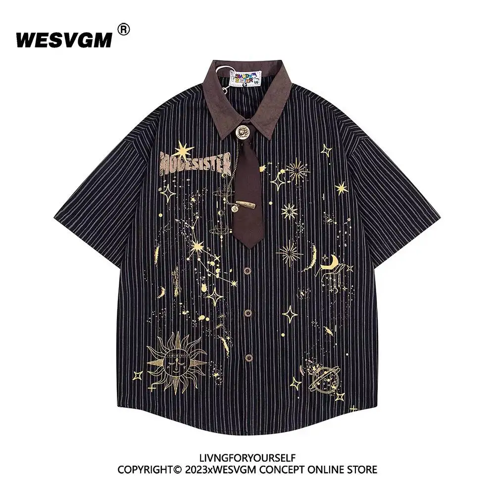 

Unisex Striped Shirts 2026 Summer Vintage Bright Starry Sky Print Stripe Tie Short Sleeve Shirt For Men Women Loose Casual Tops