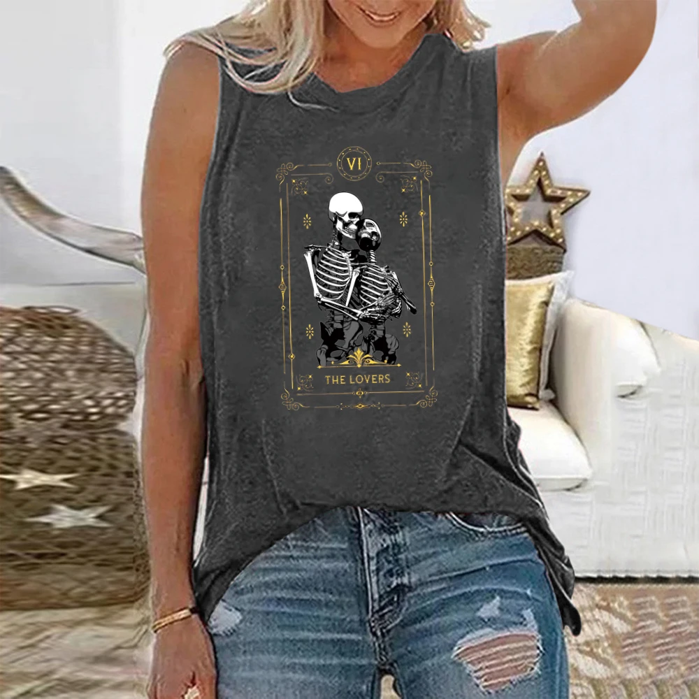 

Seeyoushy Funny Couple Skeleton The Lovers Print Women T-shirts Harajuku New Vintage Loose Sleeveless Summer Tees Top Aesthetic