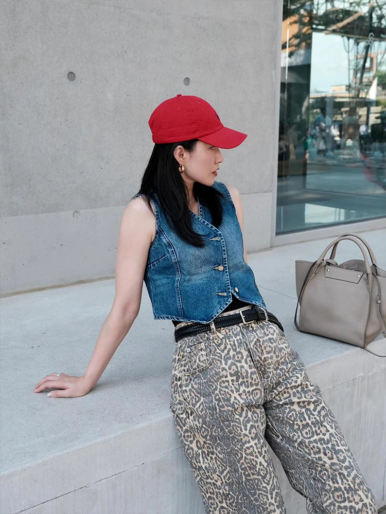 Y2K American Vintage Leopard Print Pants Washed Hip-hop Fashion Trend Street Rap Hip Hop High Waist Straight Jeans Loose Drag Pa