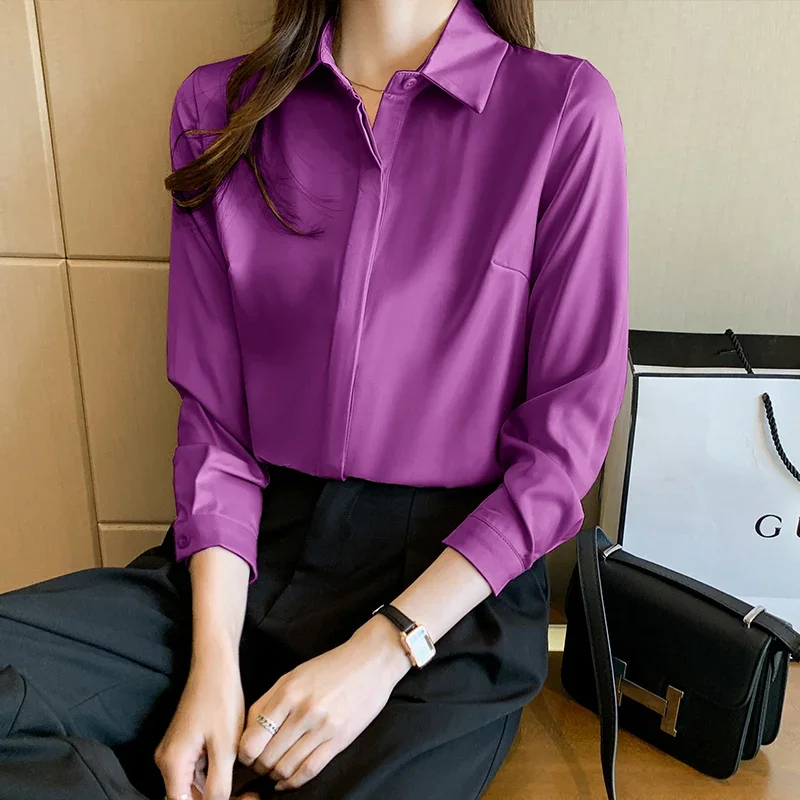 2024 Autumn New Satin Long Sleeves Turn Down Collar Korean Version Champagne Color Chiffon Shirt Blouse Women Tops Camisas C06