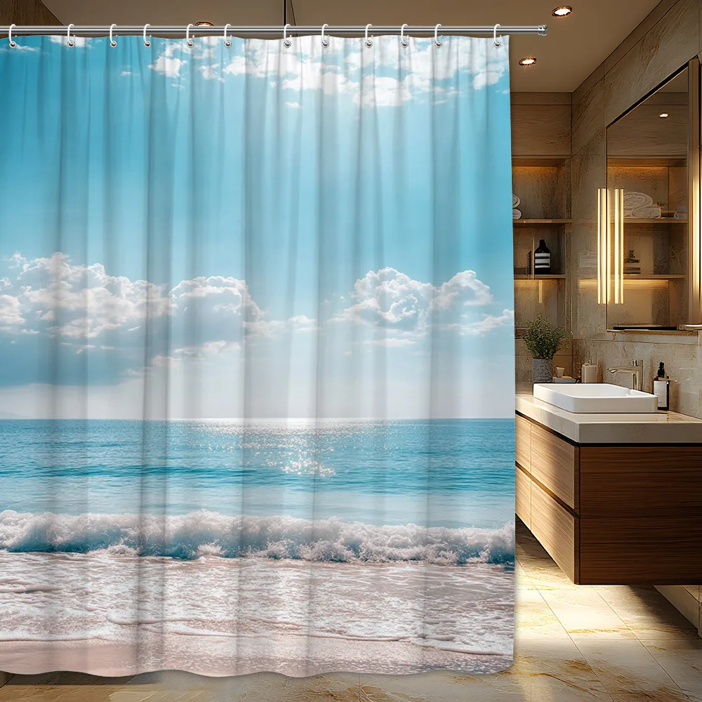 1 pièce : rideau de douche avec motif d’un coucher de soleil sur une plage paisible, représentant une mer turquoise apaisante, un dégradé de couleurs douces dans le ciel et un sable scintillant.