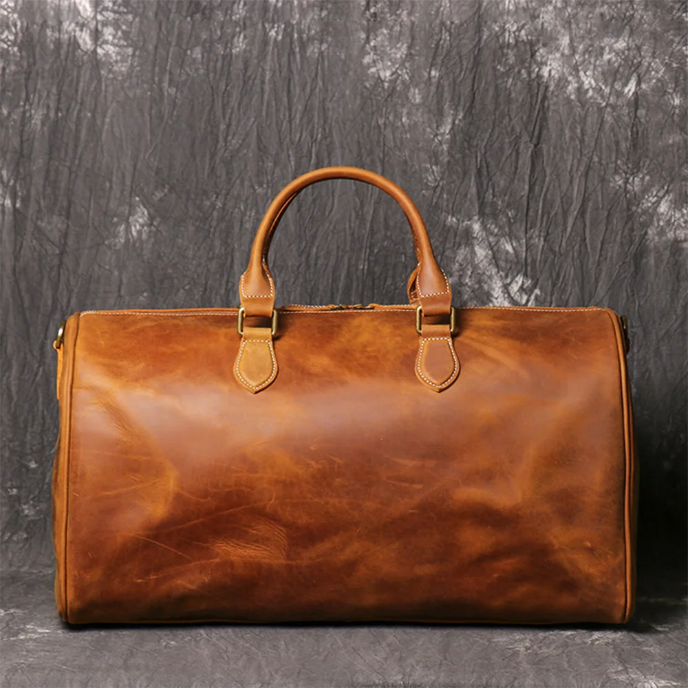 LUOKIR Genuine Leather Vintage Crazy Horse Leather Men's Handheld Travel Bag Shoulder Crossbody Luggage Bag Laptop Bag