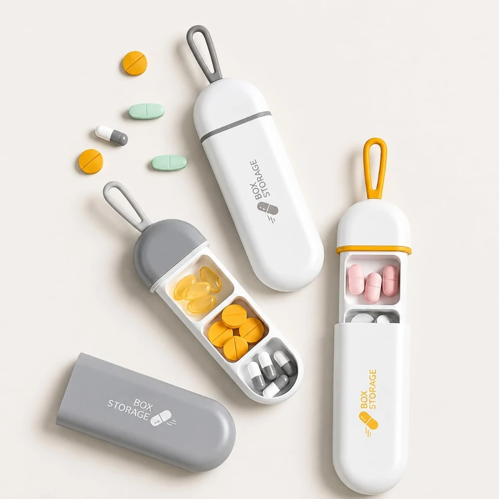 Travel Pill Box Light-Resistant 3 Cell Portable Pill Box with Silicone Rope Pocket with Moisture Resistant Band Office Pocket