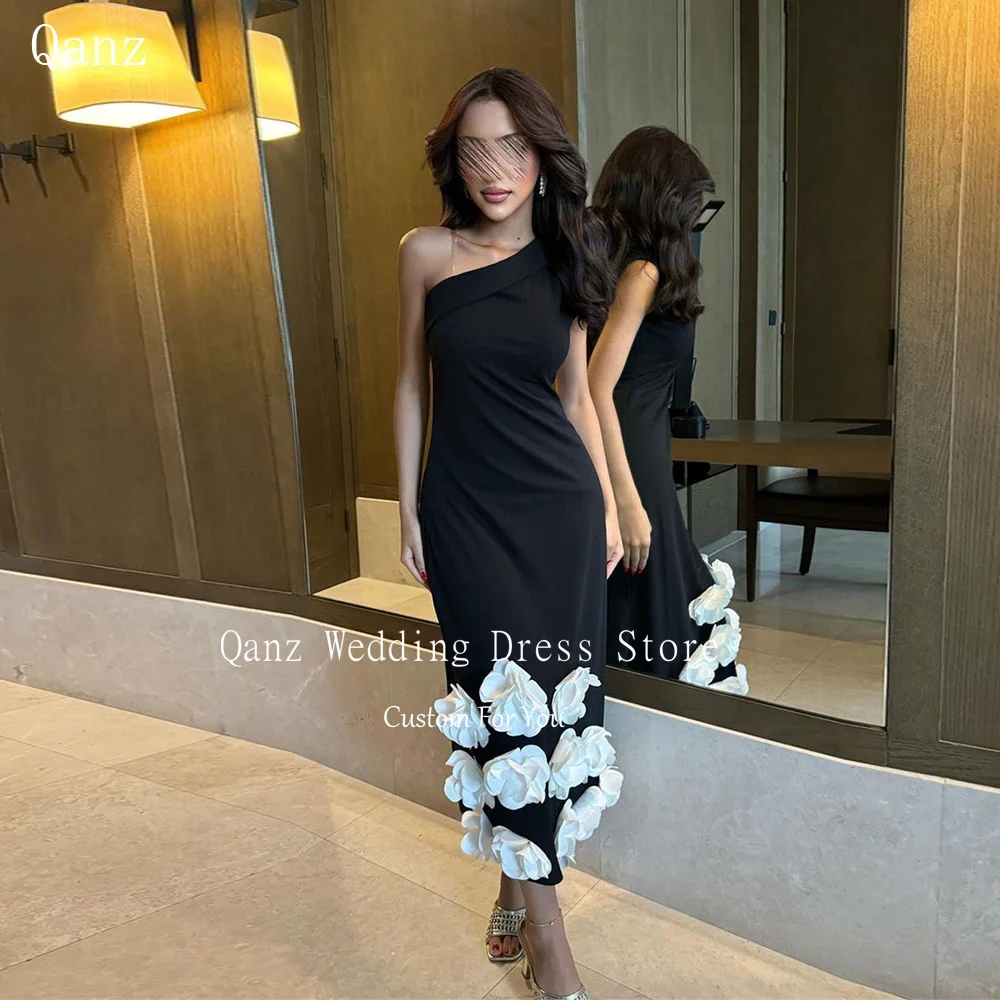 

Qanz Black Dubai Evening Dress 3D Handmade Flowers Mermaid Tea Length Vestidos De Fiesta Dress Women Elegant Party Customized