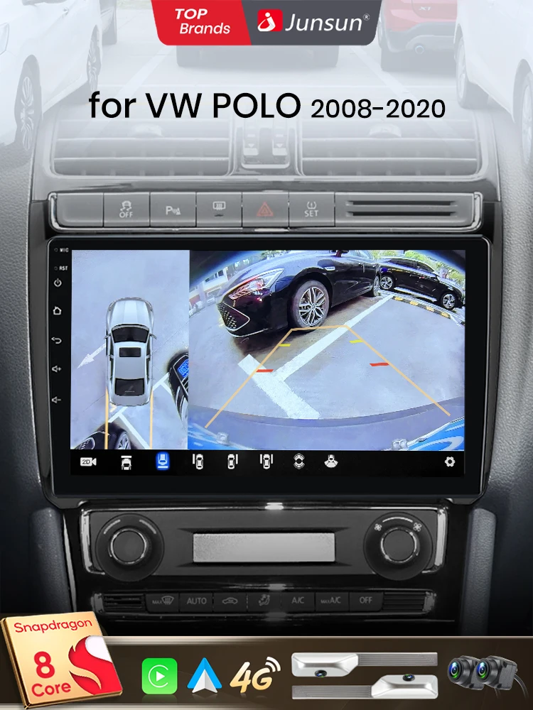 Junsun Qualcomm 8-Core 360 °   Panoramische Camera Draadloze CarPlay Android Auto Autoradio voor VW POLO 5 sedan 2008-2020 GPS - afbeelding 2