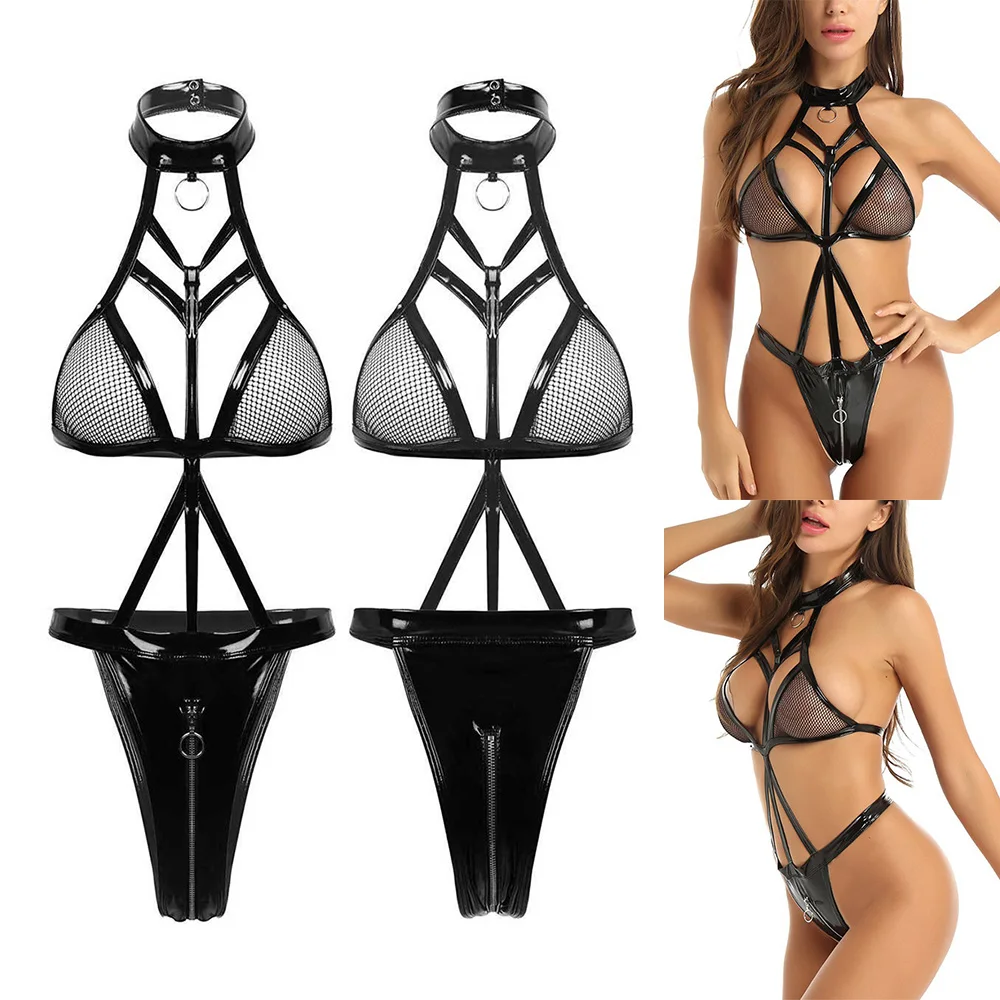 

Sexy Women Bodysuit Patent Leather See Through Sleepwear Thong Cross-dressing Lady Lingerie Set Nightwear Black
