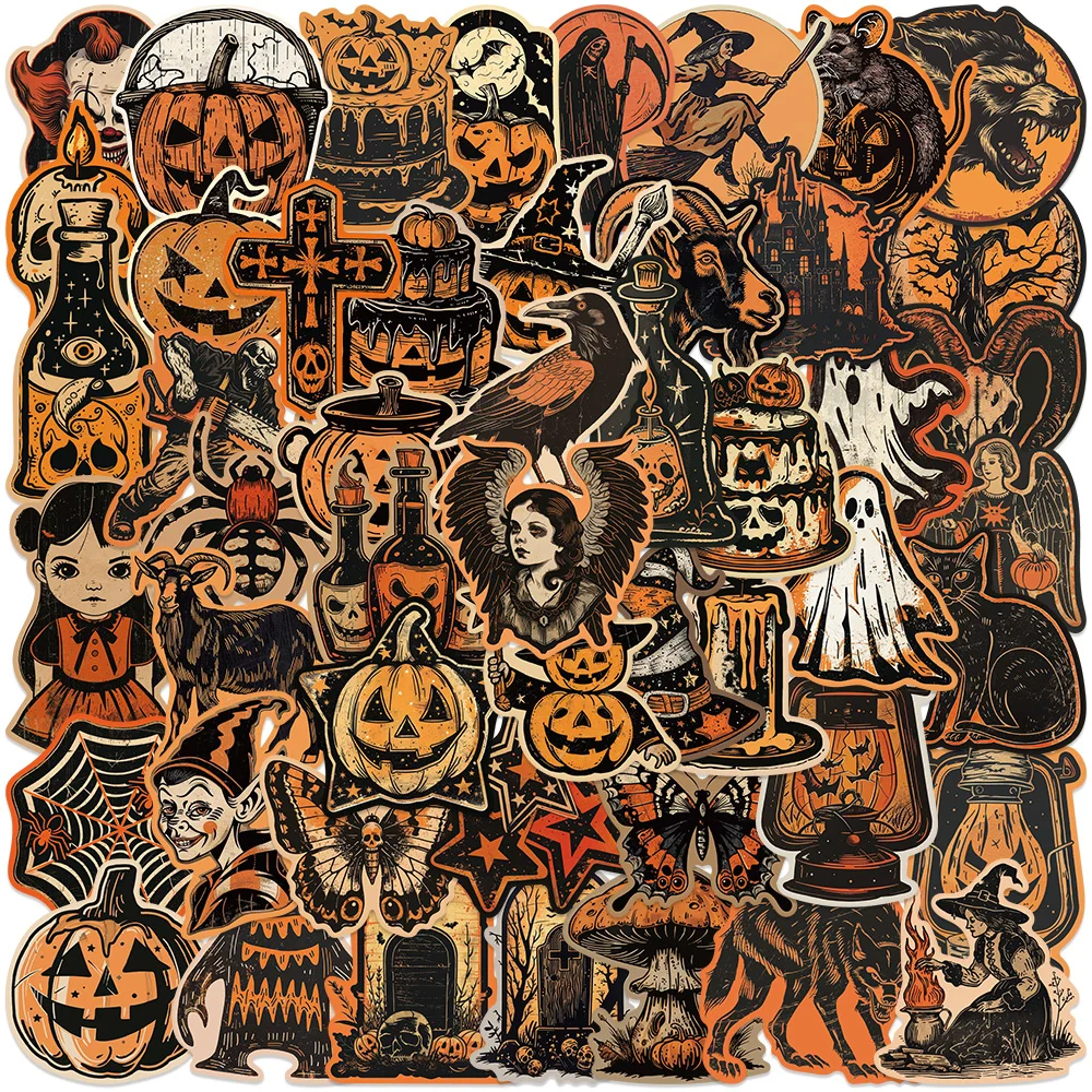 

50PCS Retro Halloween Stickers Terrifying Pumpkin Decals For Phone Laptop Fridge Notebook Luggage Skateboard Kids Gifts Stickers