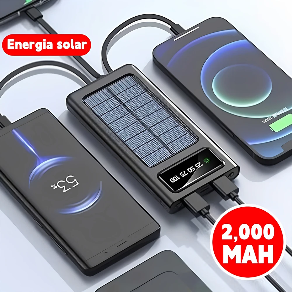 Powerbank Solar 20000mAh com 4 Cabos Embutidos e Lanterna LED Recarregável para Mochileiros e Sobrevivência
