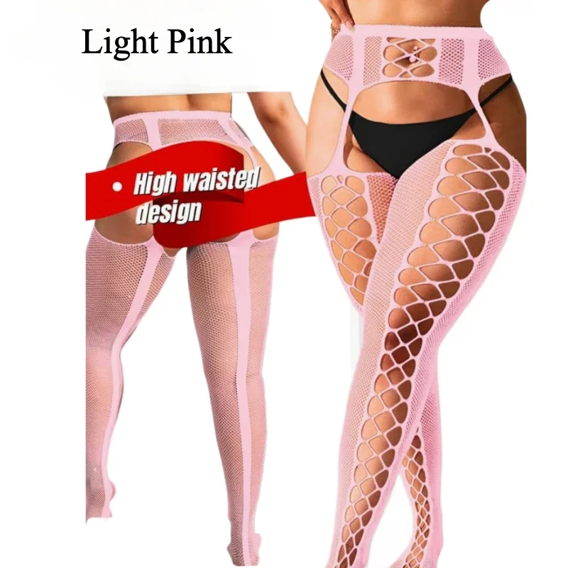 

Pink Tights Women High Waisted Pantyhose Fishnet Suspender with Garter Belt Stockings Sexy Lingerie Outfit Hot Wine Red White