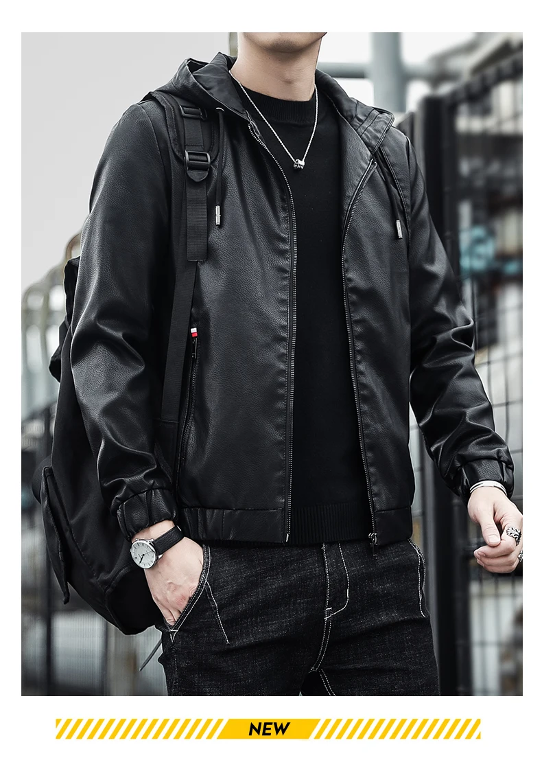 

New men's leather jacket, casual and trendy hooded motorcycle riding jacket, retro fashion, loose and handsome men's clothing